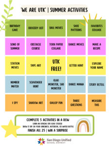 Bingo-style board for summer activities