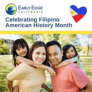 A Filipino American History month graphic featuring smiling Filipino parents holding their daughters on their back.