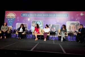 Panel moderator and Director of Educational Equity for Advancement Project California Vickie Ramos Harris with panelists Dr. Marlene Zapeda, Patricia Lozano, Lupe Jaime, Soodi Ansari, Coordinator, Early Learning Dual Language Support, San Mateo County Office of Education, and Dr. Dean Tagawa