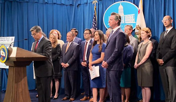 California Governor Gavin Newsom and Attorney General Xavier Becerra speak at a press conference
