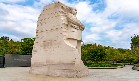 A large stone sculpture of Martin Luther King, Jr.