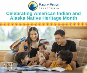 A graphic for American Indian and Alaska Native Heritage month features a native family sitting on a couch as the dad reads to their 3 young children.