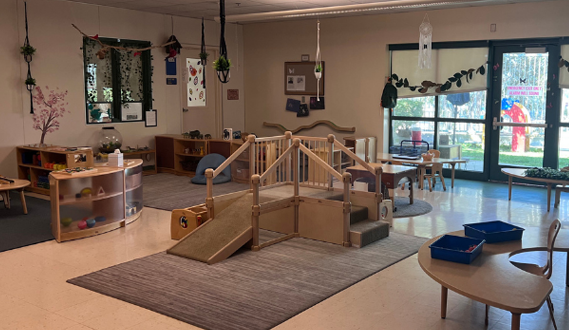 An empty preschool classroom with toys