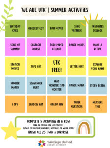 Bingo-style board for summer activities