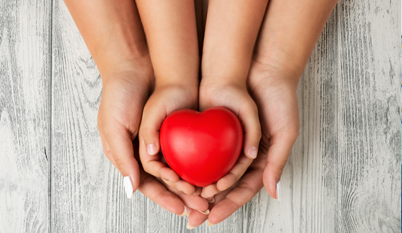 A red heart is held by a child's hands, while an adult's encircles the child's.